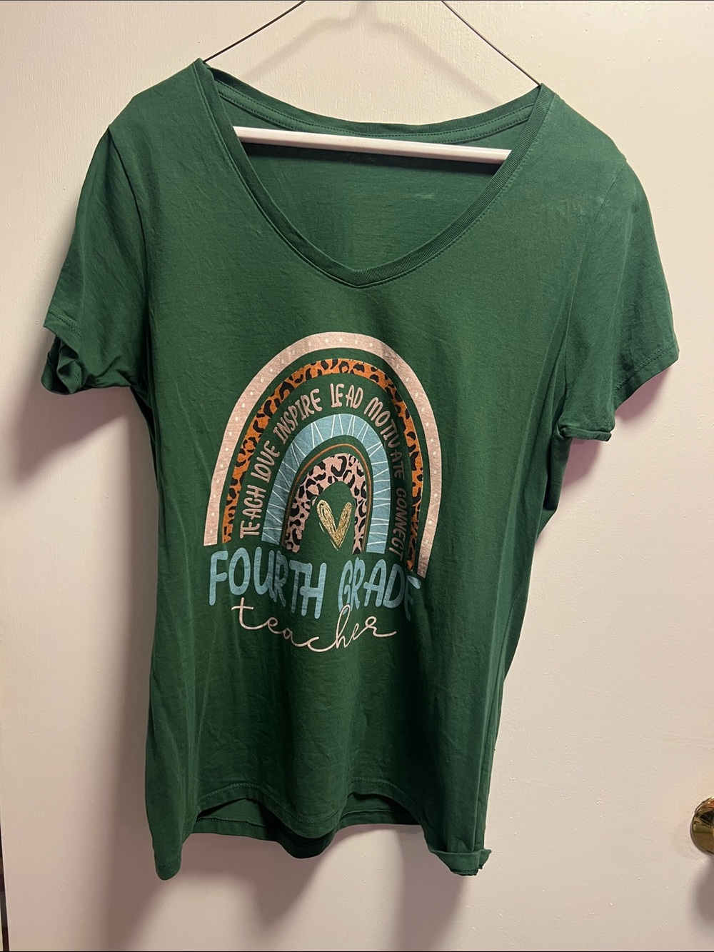 Fourth Grade Teacher Green V-Neck Graphic Tee